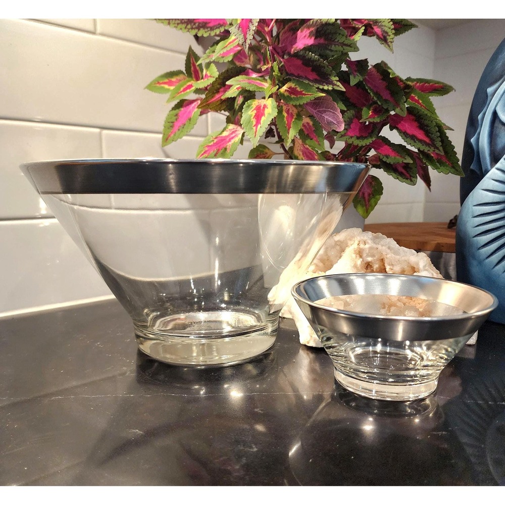 Vintage Silver-Plated Chip and Dip Bowl Mid-Century Modern Glass Serveware Set